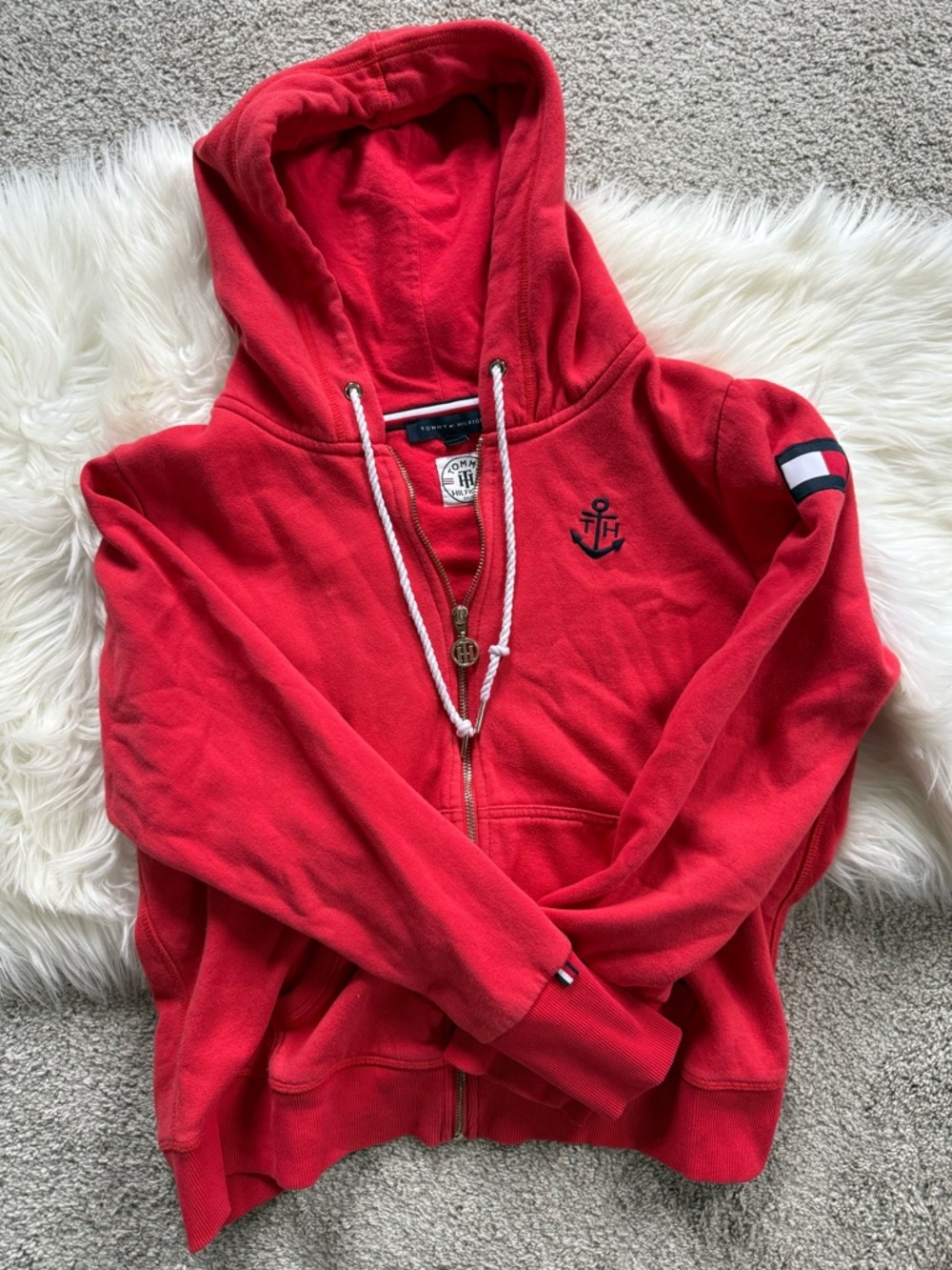 Jones New York Red Hooded Zip Sweatshirt with Anchor Patch